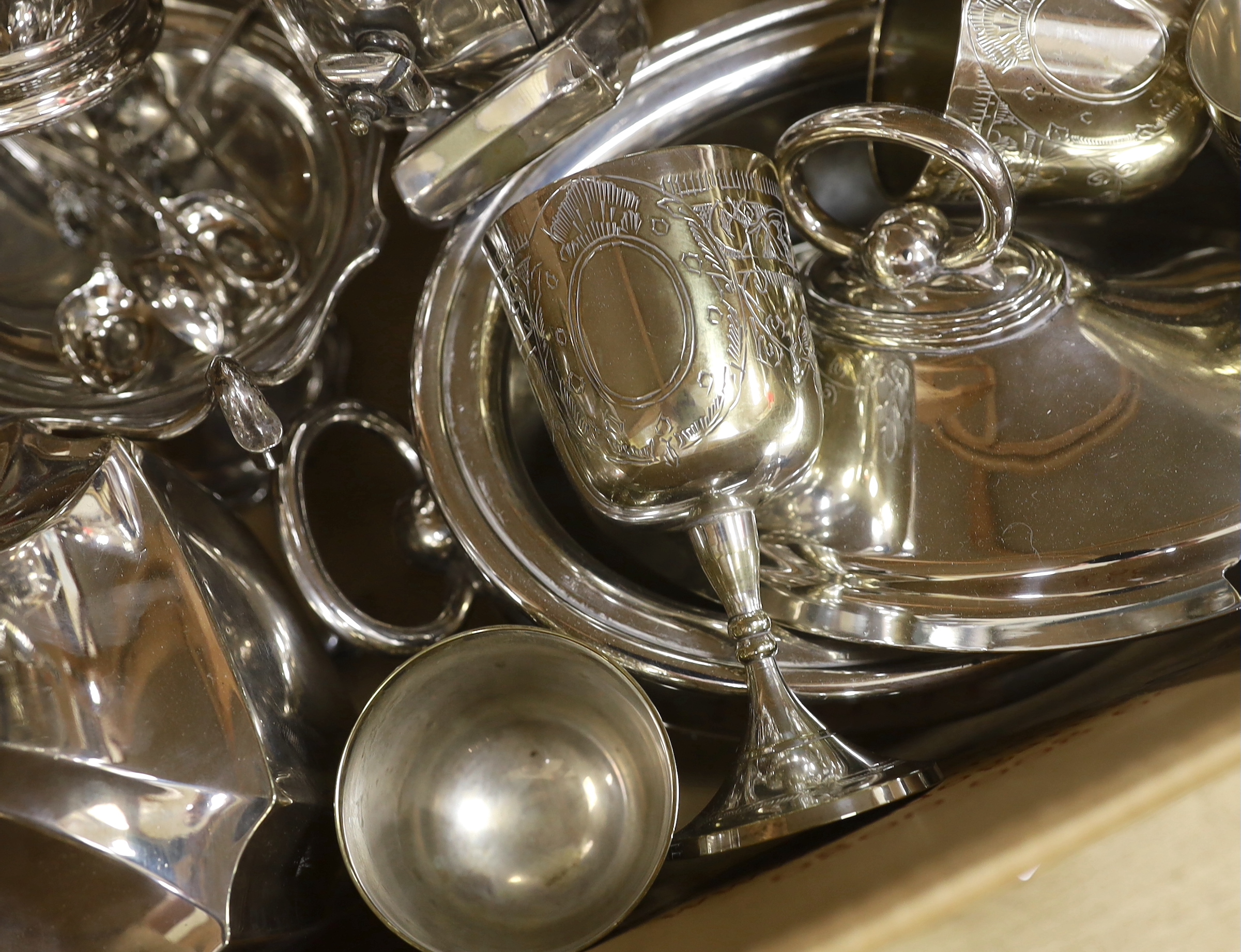 Various silver plated tea and coffee pots, dishes and goblets etc
